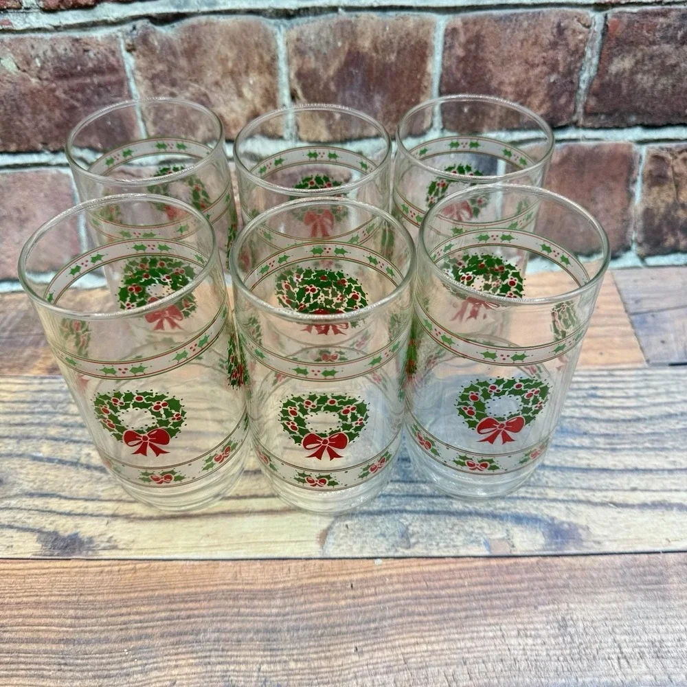 6 Indiana Glass Victorian Christmas Tumblers Glasses Holly Wreaths Set MCM Vtg